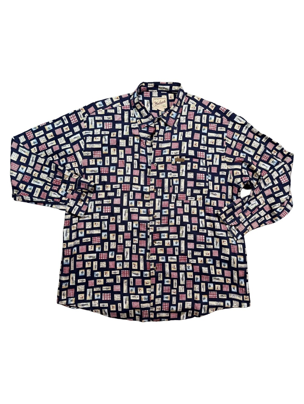Woolrich Mens XL Fly Fishing Shirt Gorpcore Fish Lure Print Cotton Outdoor
